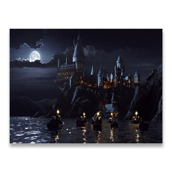 Tableau Sur Toile "Voyage Magique à Poudlard La Nuit" - 5 Panneaux, 170x80 Cm - Impression Haute Qualité, Prêt à Accrocher - Décoration Murale Harry Potter